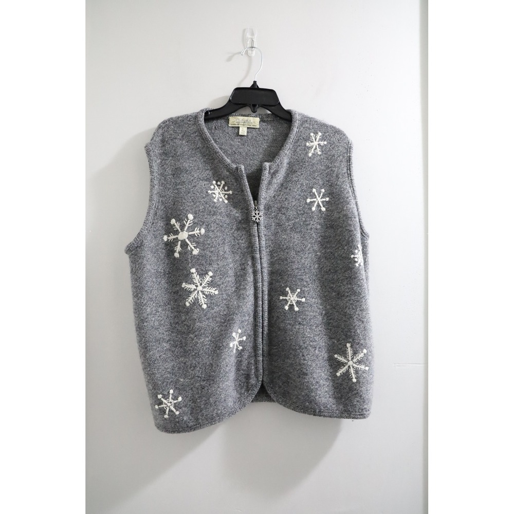 Cabelas Womens Gray Snowflake‎ Knit Wool Vest Full Zip Size L